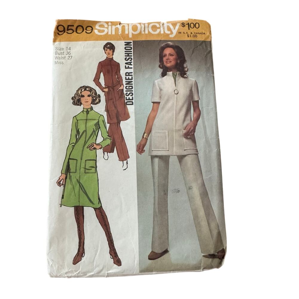 Vintage 1971 Simplicity Sewing Pattern 9505 Dress Tunic Pants Size 14 36-27-28